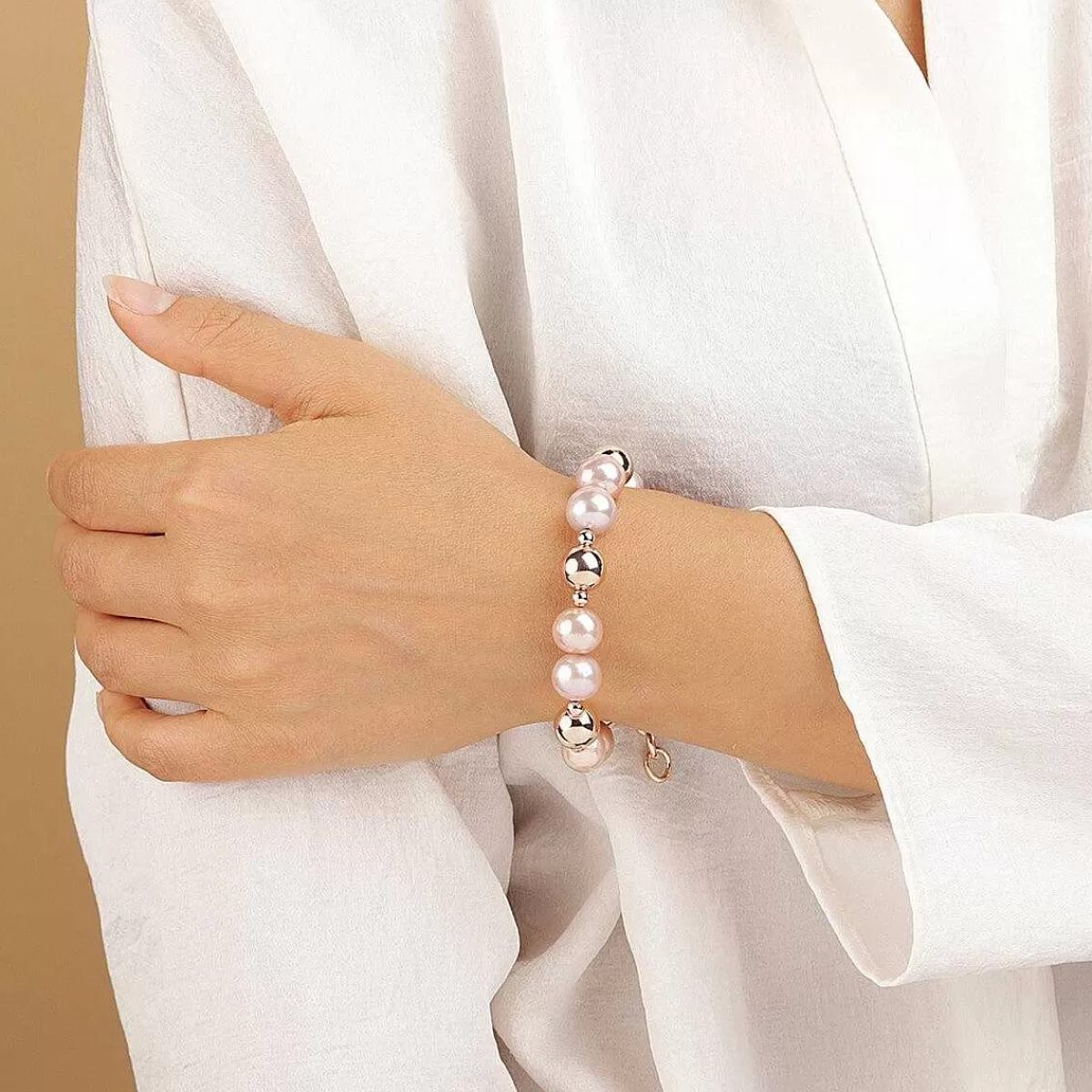 Fashion Bracciale Elastico Con Pepite Di Rosa Dorata E Perle O 9/10 Mm Bracciali