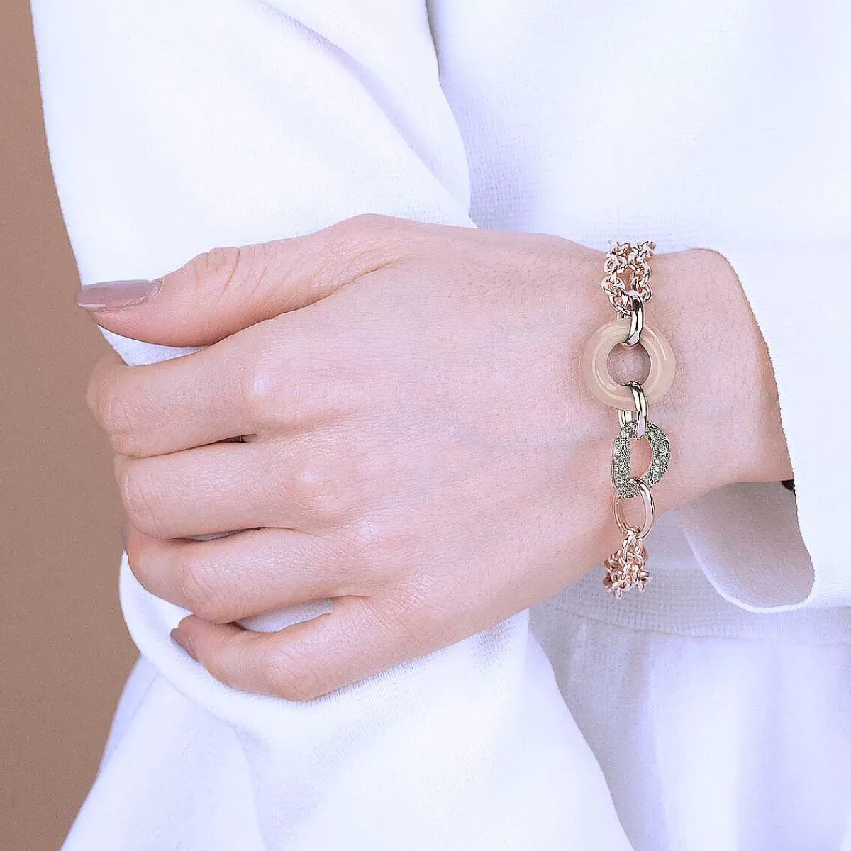 New Bracciale Multifilo Catena Rolo Con Doppio Cerchio In Pietra Naturale E Cubic Zirconia Bracciali