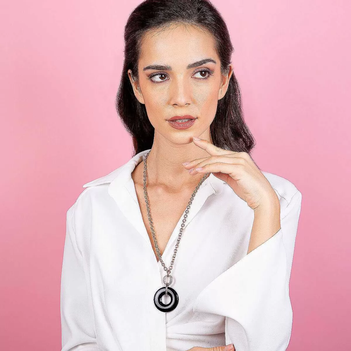 Sale Collana Catena Rolo Con Pendente Doppio Cerchio In Pietra Naturale E Zirconi Collane