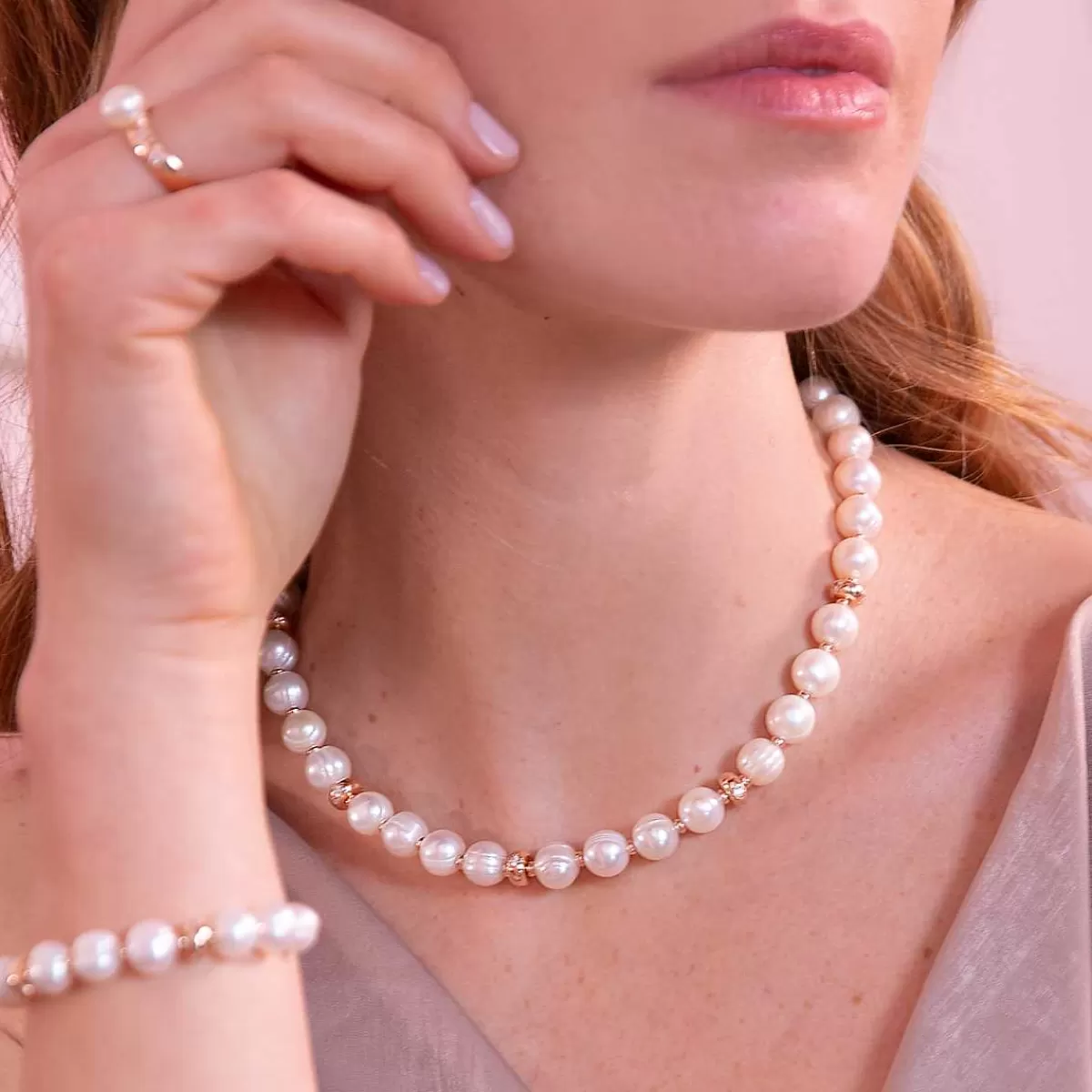 Hot Collana Girocollo Con Etoile Rondelle E Perle D'Acqua Dolce Cerchiate Bianche O 8.5/9.5 Mm Collane