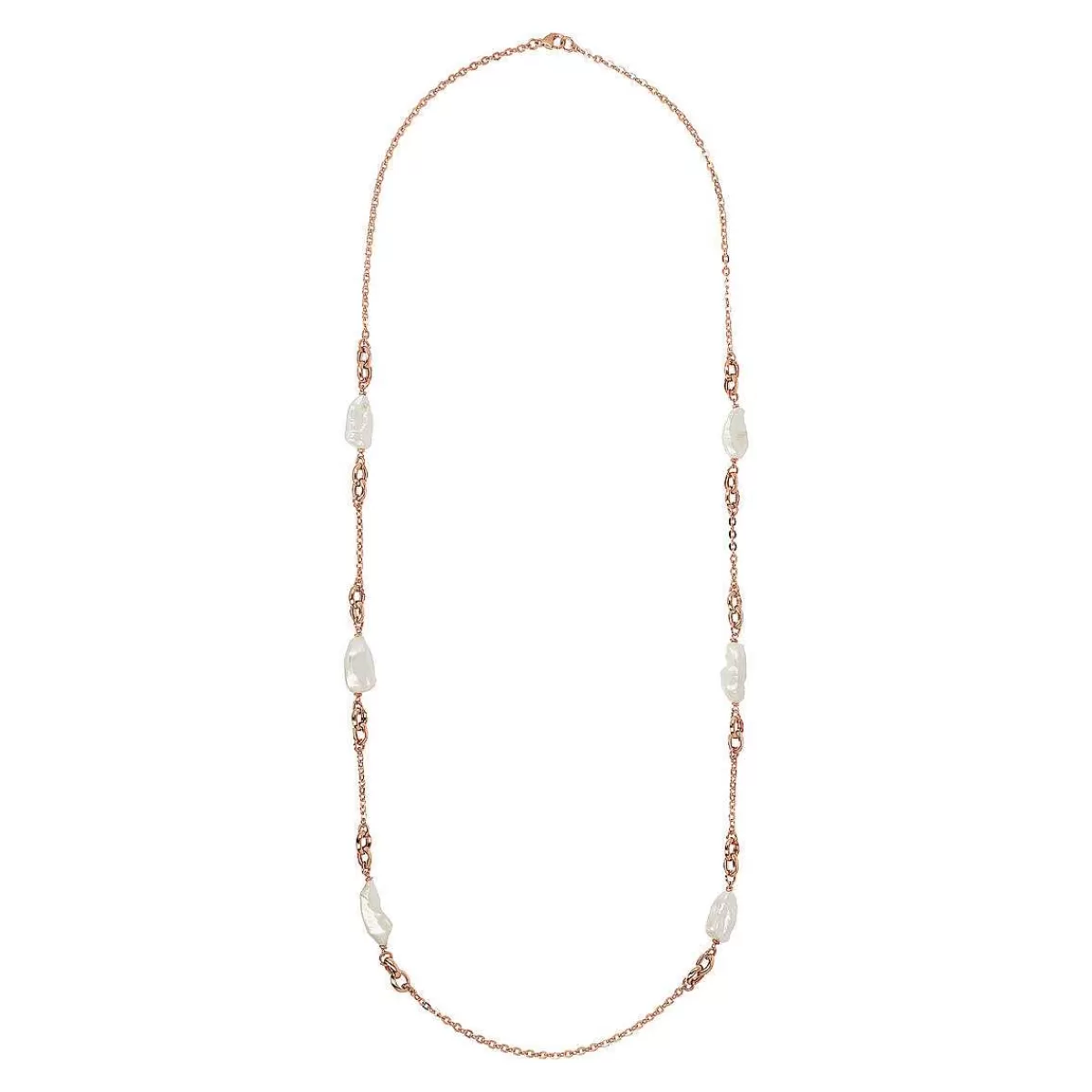 Fashion Collana Lunga A Catena Rolo Con Maglie Ad Anello E Perle Barocche D'Acqua Dolce Bianche Collane