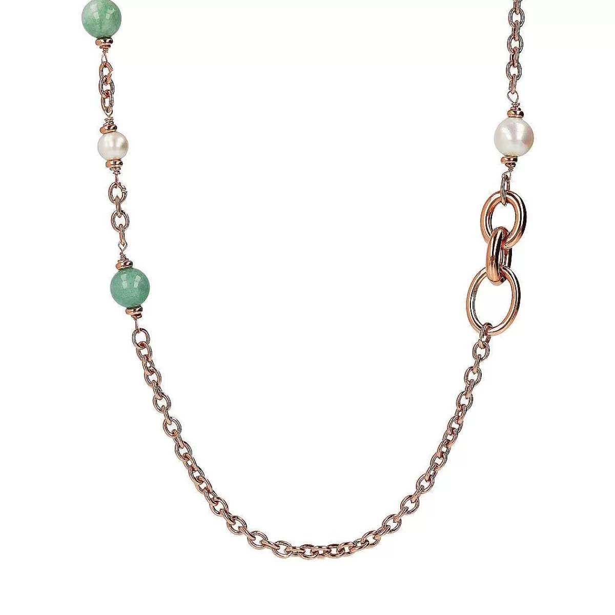 Shop Collana Lunga A Catena Rolo Con Maglie Ovali, Quarzite Verde E Perle Ming Di Acqua Dolce Bianche O 9/13 Mm Collane