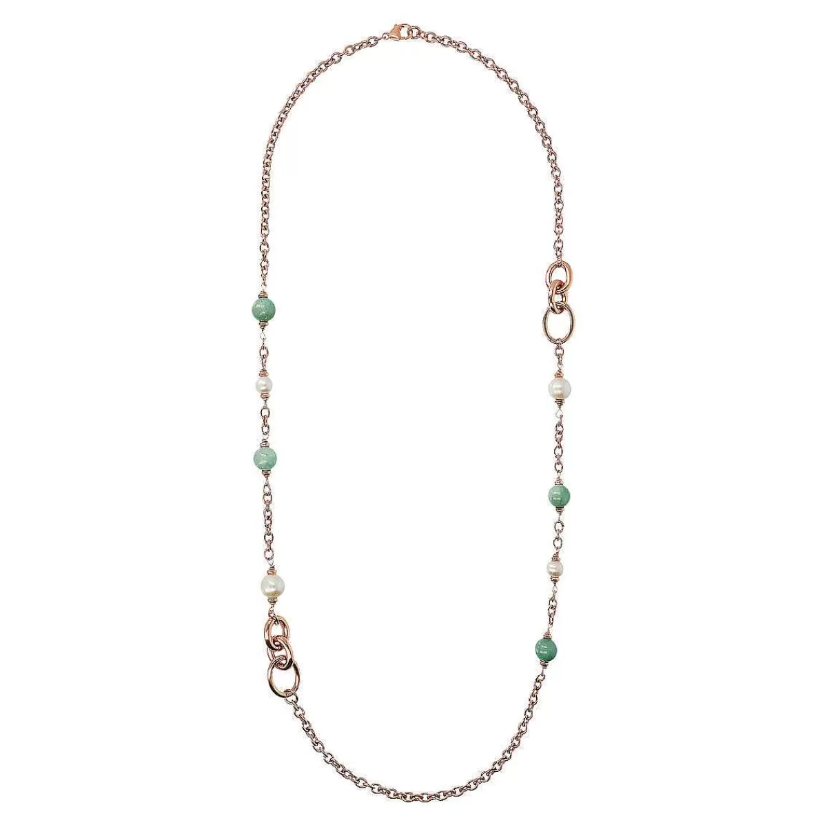 Shop Collana Lunga A Catena Rolo Con Maglie Ovali, Quarzite Verde E Perle Ming Di Acqua Dolce Bianche O 9/13 Mm Collane