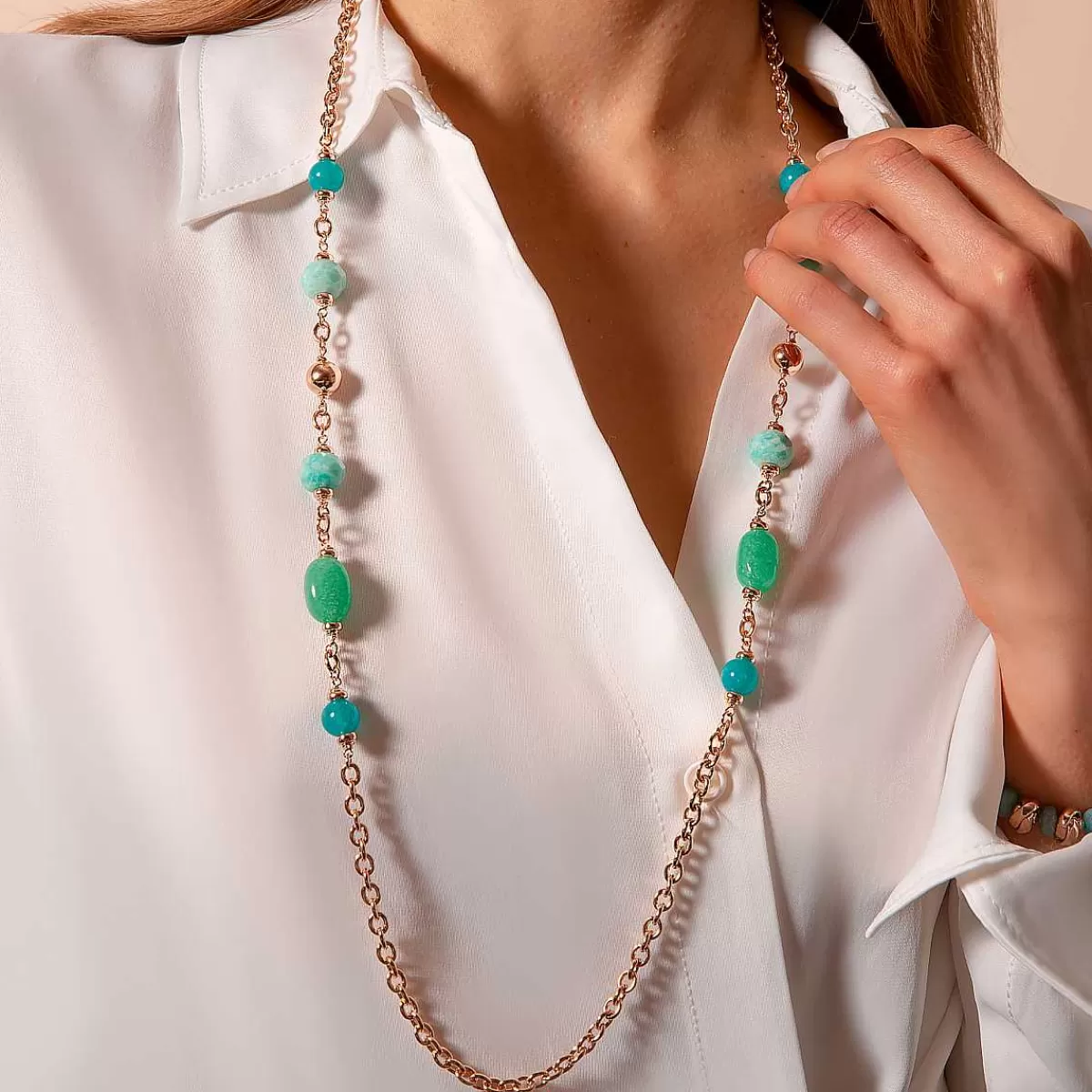 Clearance Collana Lunga A Catena Rolo Con Stazione Di Perline E Pietre Di Quarzite Naturale Collane