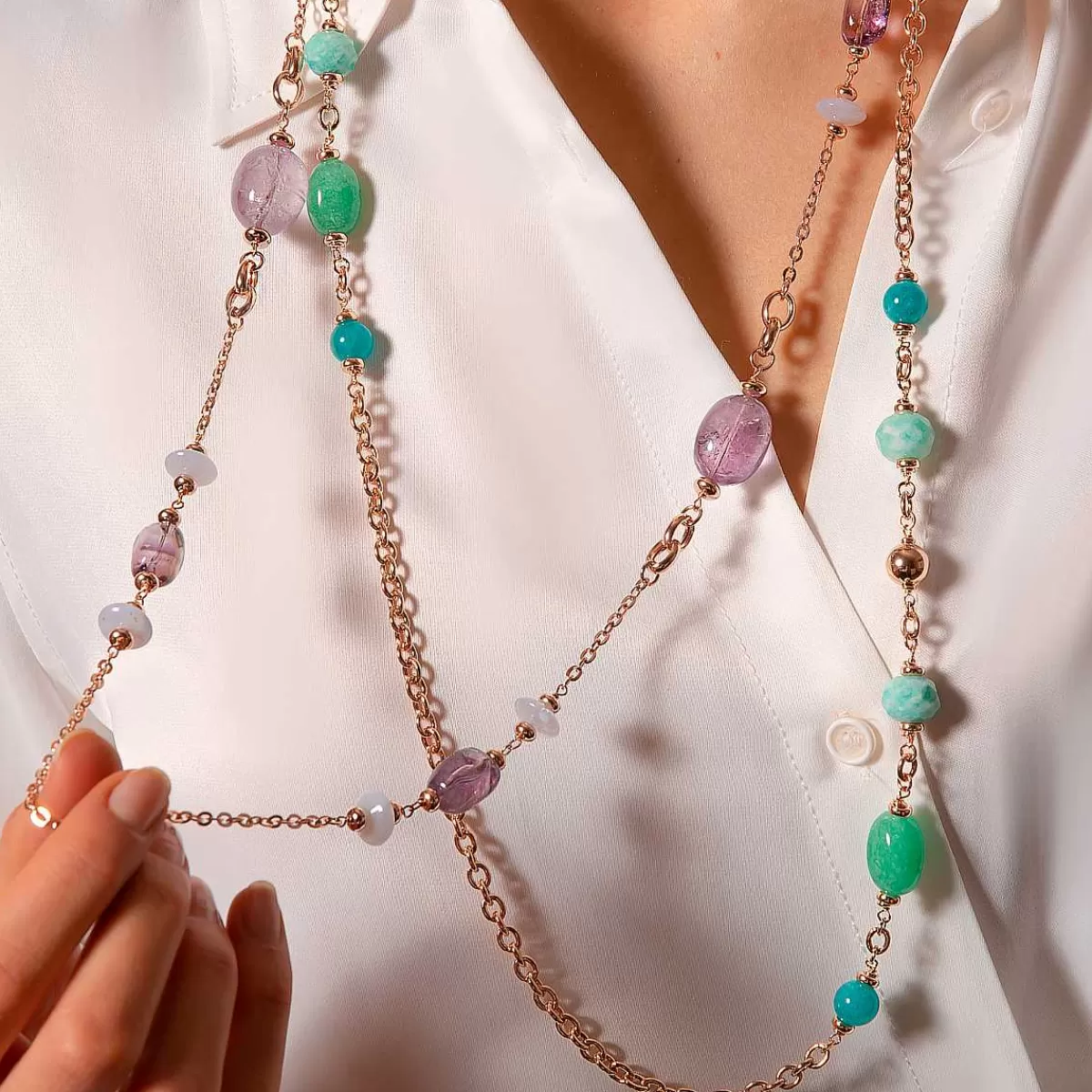 Clearance Collana Lunga A Catena Rolo Con Stazione Di Perline E Pietre Di Quarzite Naturale Collane