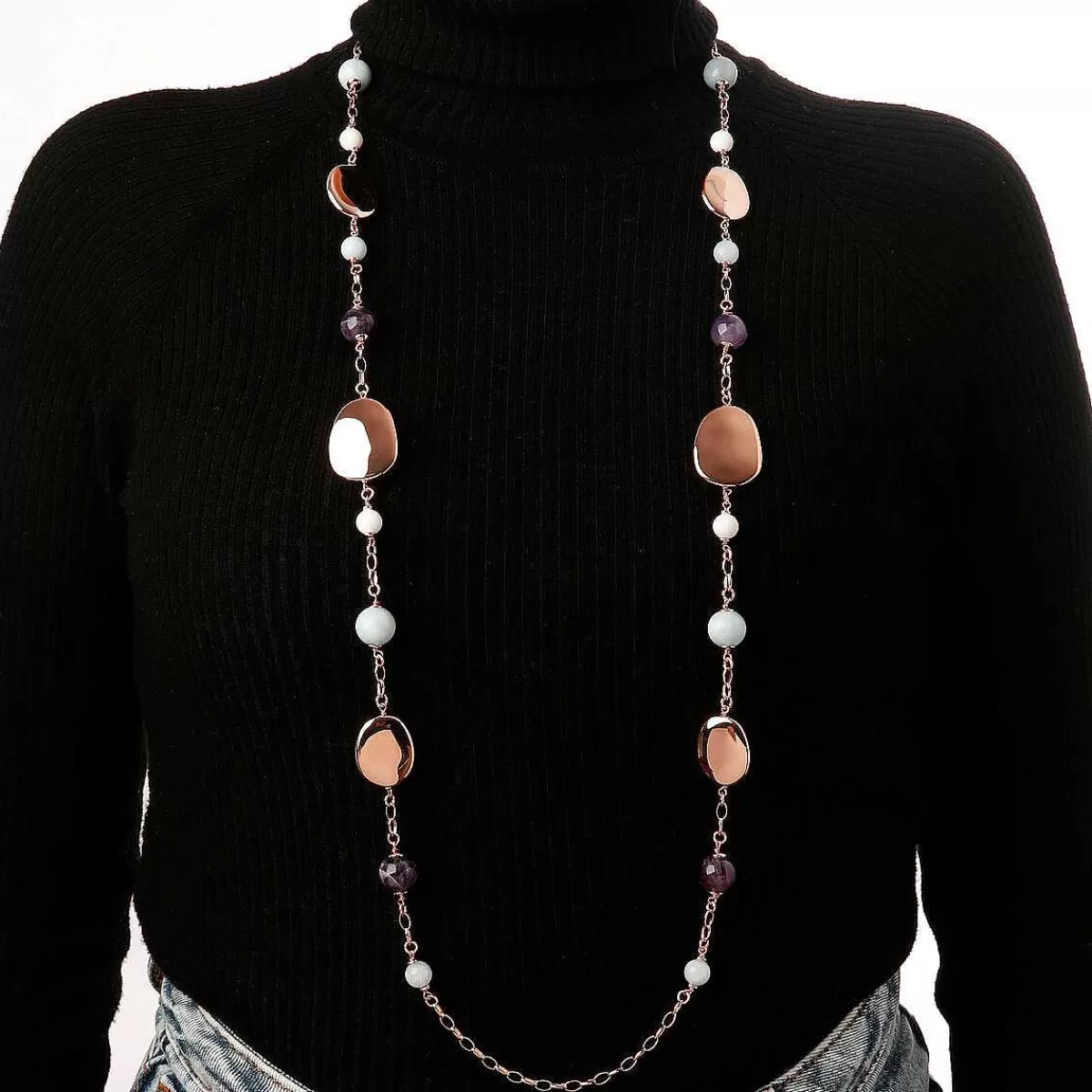 New Collana Lunga A Catena Rolo Ovale Con Elementi Lucidi E Pietre Naturali Collane