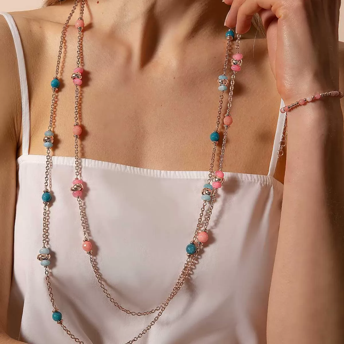 Best Collana Lunga Catena Rolo Con Maglie Intrecciate E Pietre Naturali Collane