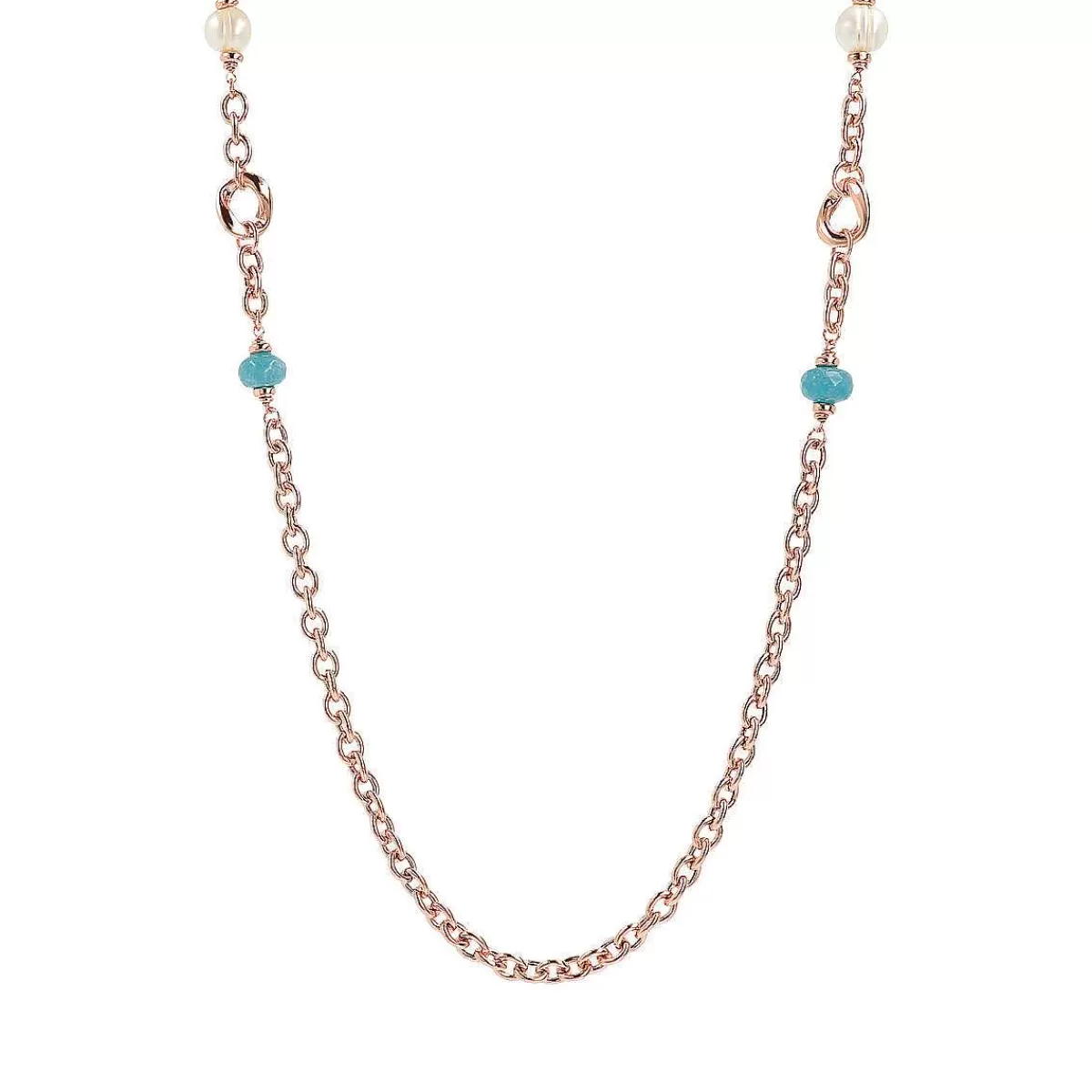 New Collana Lunga Catena Rolo Con Pietre Naturali E Perle Bianche Di Acqua Dolce O 10/11 Mm Collane