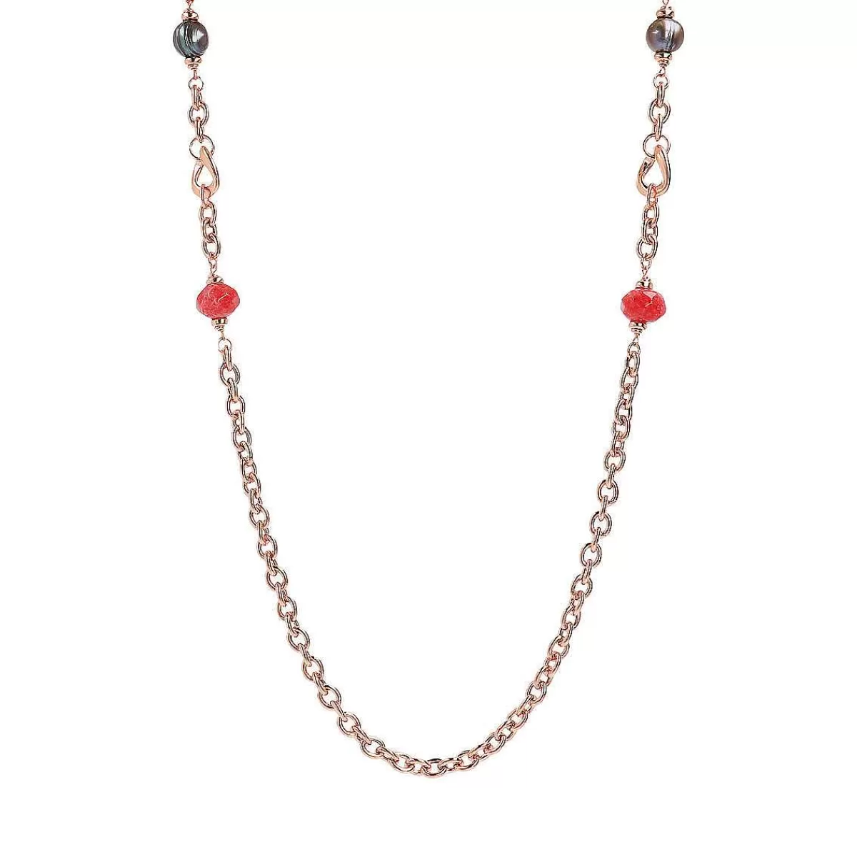 New Collana Lunga Catena Rolo Con Pietre Naturali E Perle Bianche Di Acqua Dolce O 10/11 Mm Collane