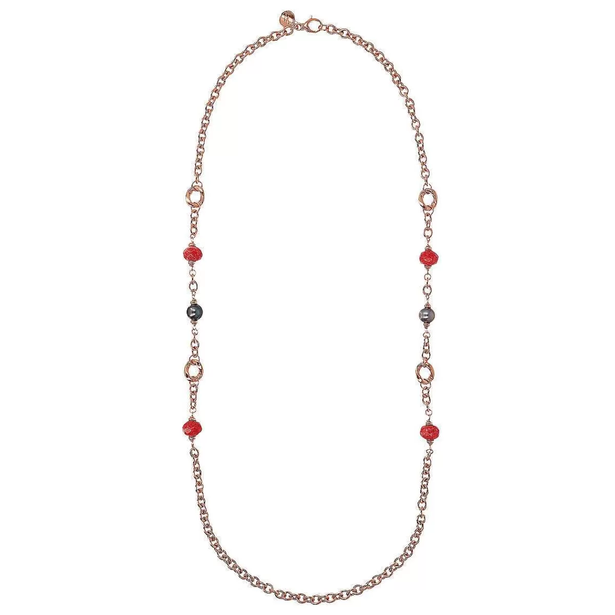 New Collana Lunga Catena Rolo Con Pietre Naturali E Perle Bianche Di Acqua Dolce O 10/11 Mm Collane