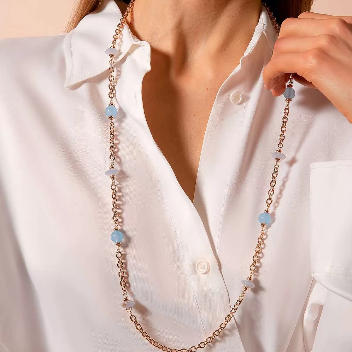 Flash Sale Collana Lunga Catena Rolo Con Stazione Di Sfere E Rondelle In Pietra Naturale Collane