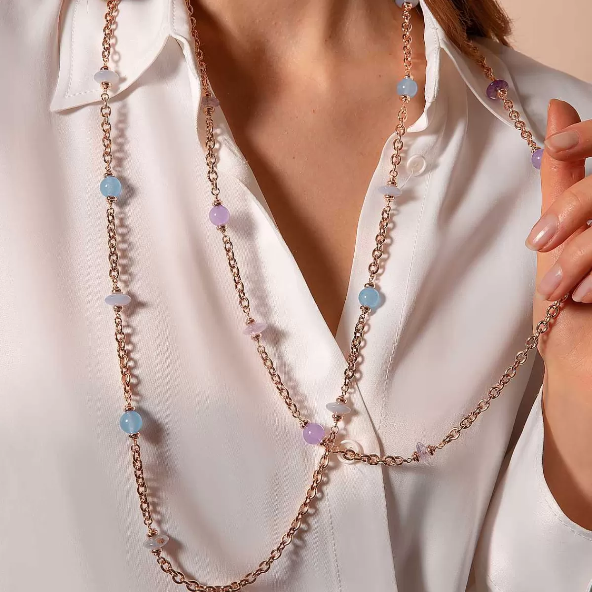 Flash Sale Collana Lunga Catena Rolo Con Stazione Di Sfere E Rondelle In Pietra Naturale Collane