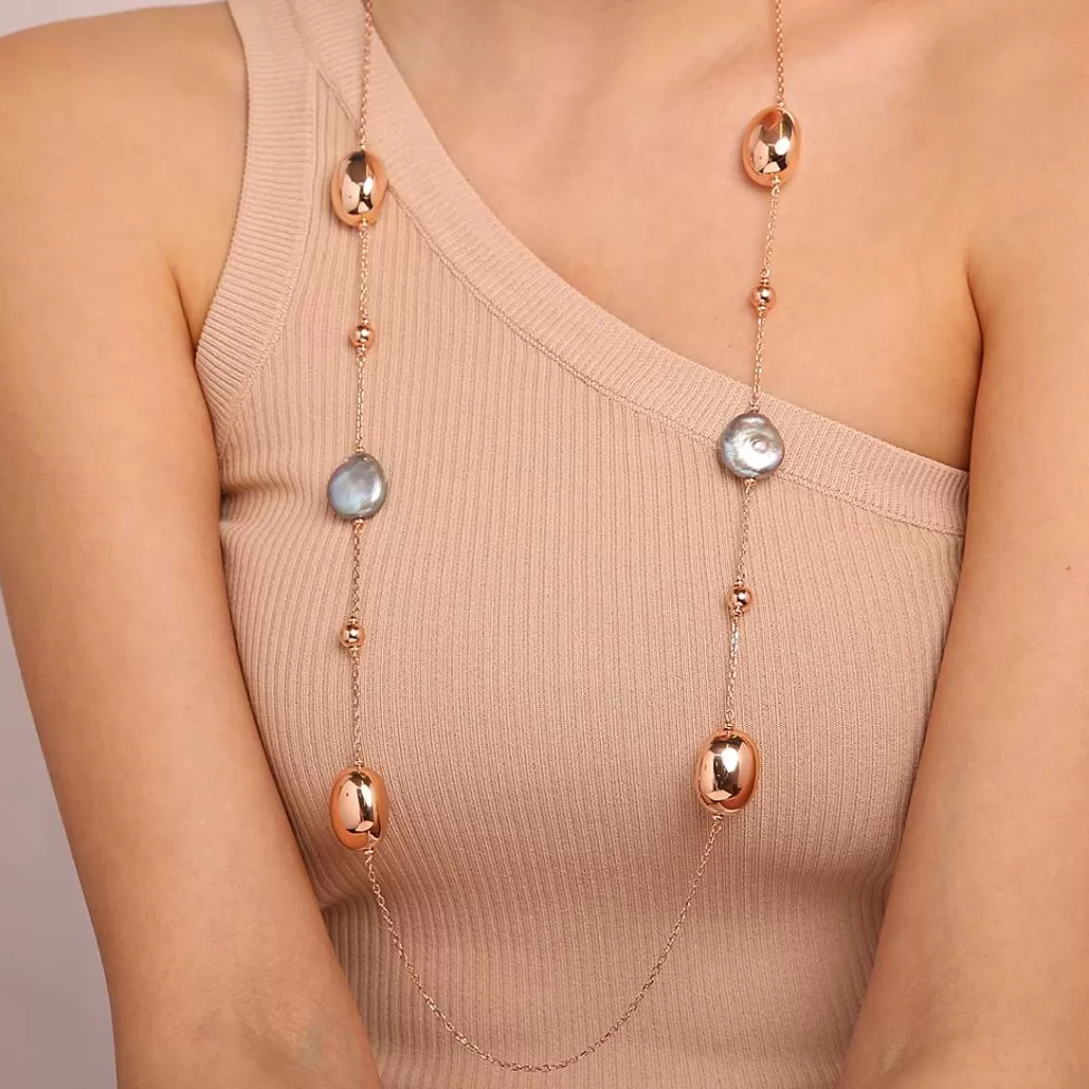 Best Sale Collana Lunga Con Pepite Lucide In Golden Rose E Perle Coltivate D'Acqua Dolce O 17 Mm Collane