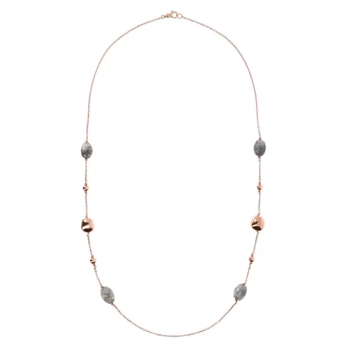 Fashion Collana Lunga Con Quarzo Grigio E Pepite Dorate Rose Collane