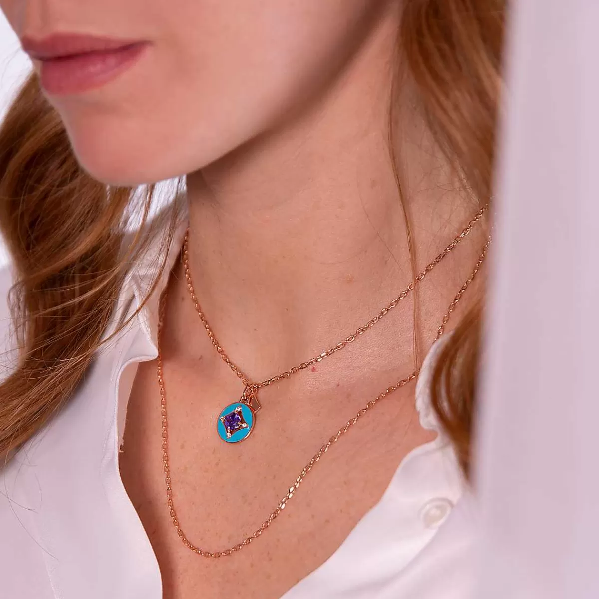 Clearance Collana Multifilo Catena Forzatina Con Pendente Etoile E Pendente Tondo Smaltato Con Cubic Zirconia Collane