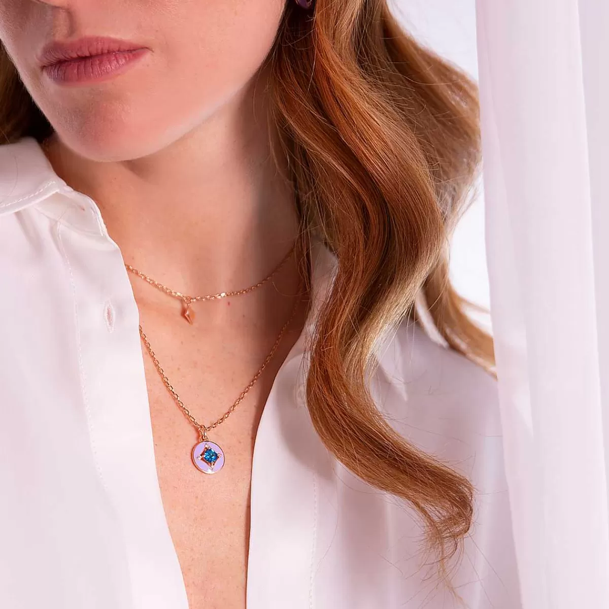 Clearance Collana Multifilo Catena Forzatina Con Pendente Etoile E Pendente Tondo Smaltato Con Cubic Zirconia Collane
