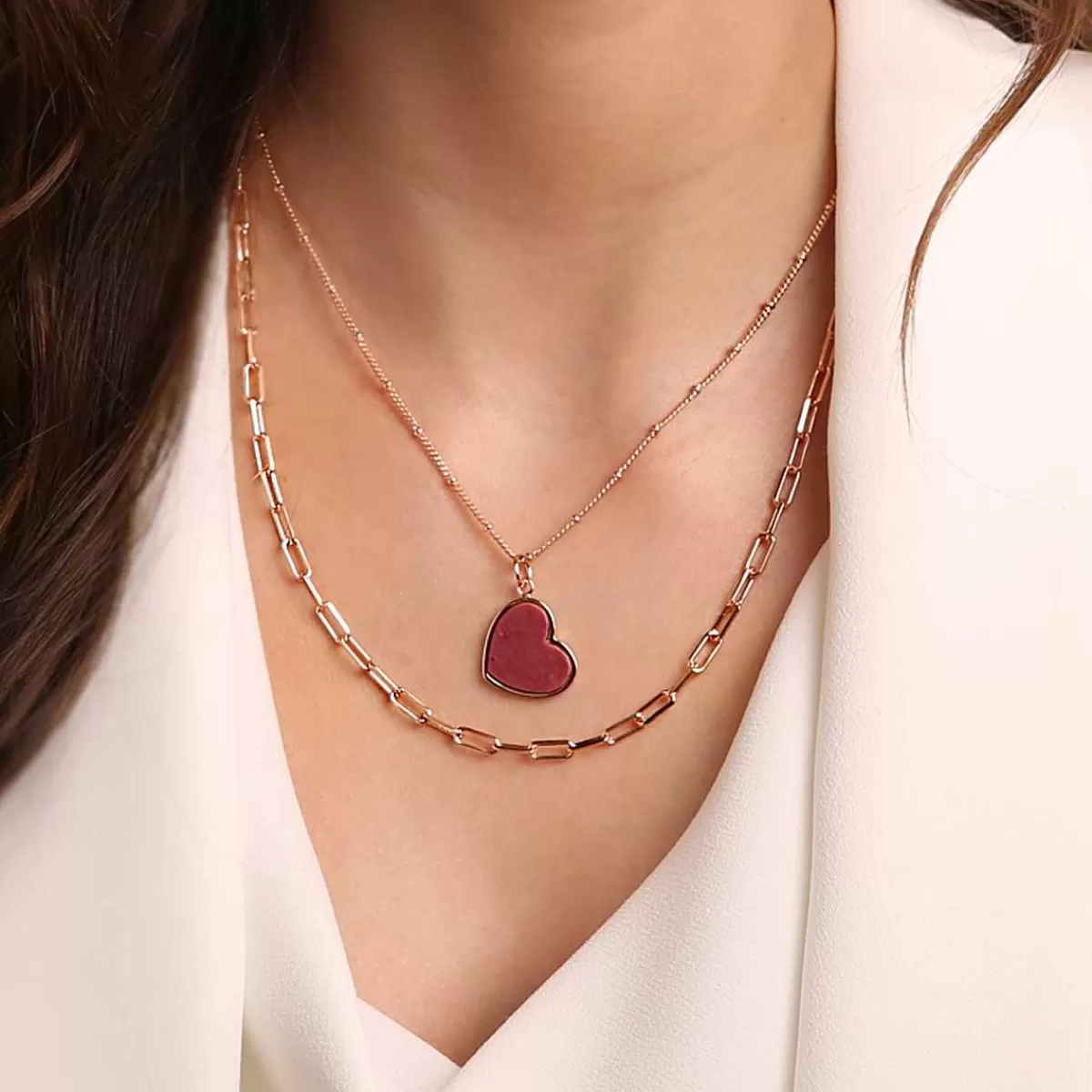 Hot Collana Multifilo Forzatina E Catena Rosario Con Pendente Cuore In Pietra Naturale Collane