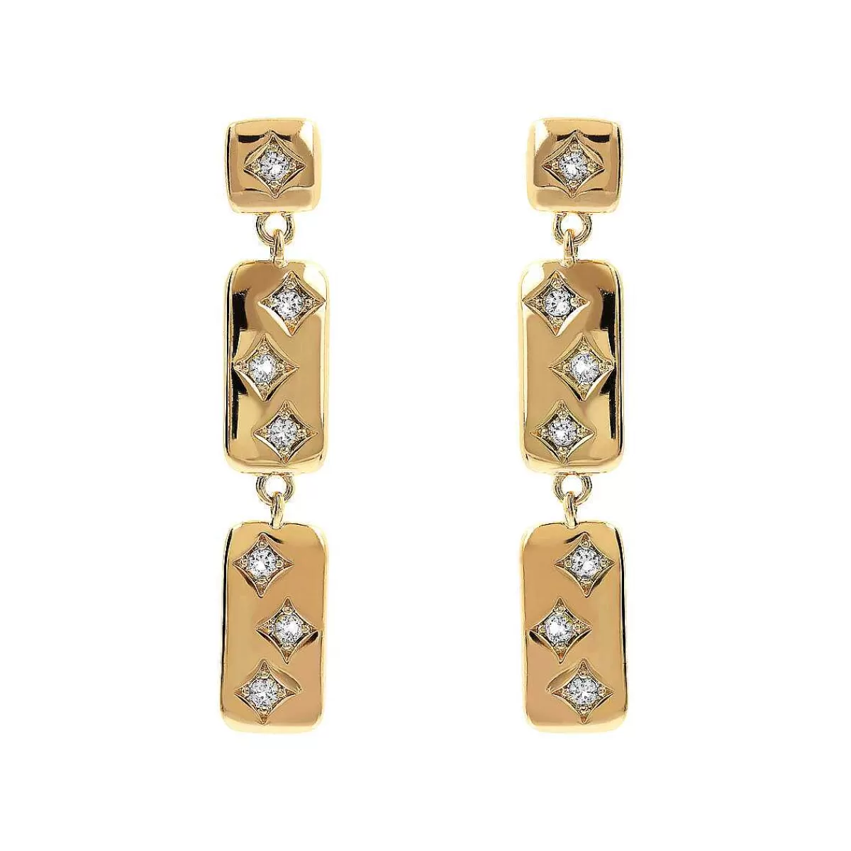 Hot Orecchini Etoile Dorati Con Elementi Rettangolari E Punti Luce In Cubic Zirconia Orecchini