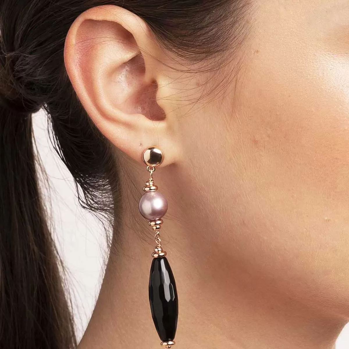 Store Orecchini Pendenti Con Onice Nero E Perla Ming Coltivata D'Acqua Dolce Rosa Orecchini