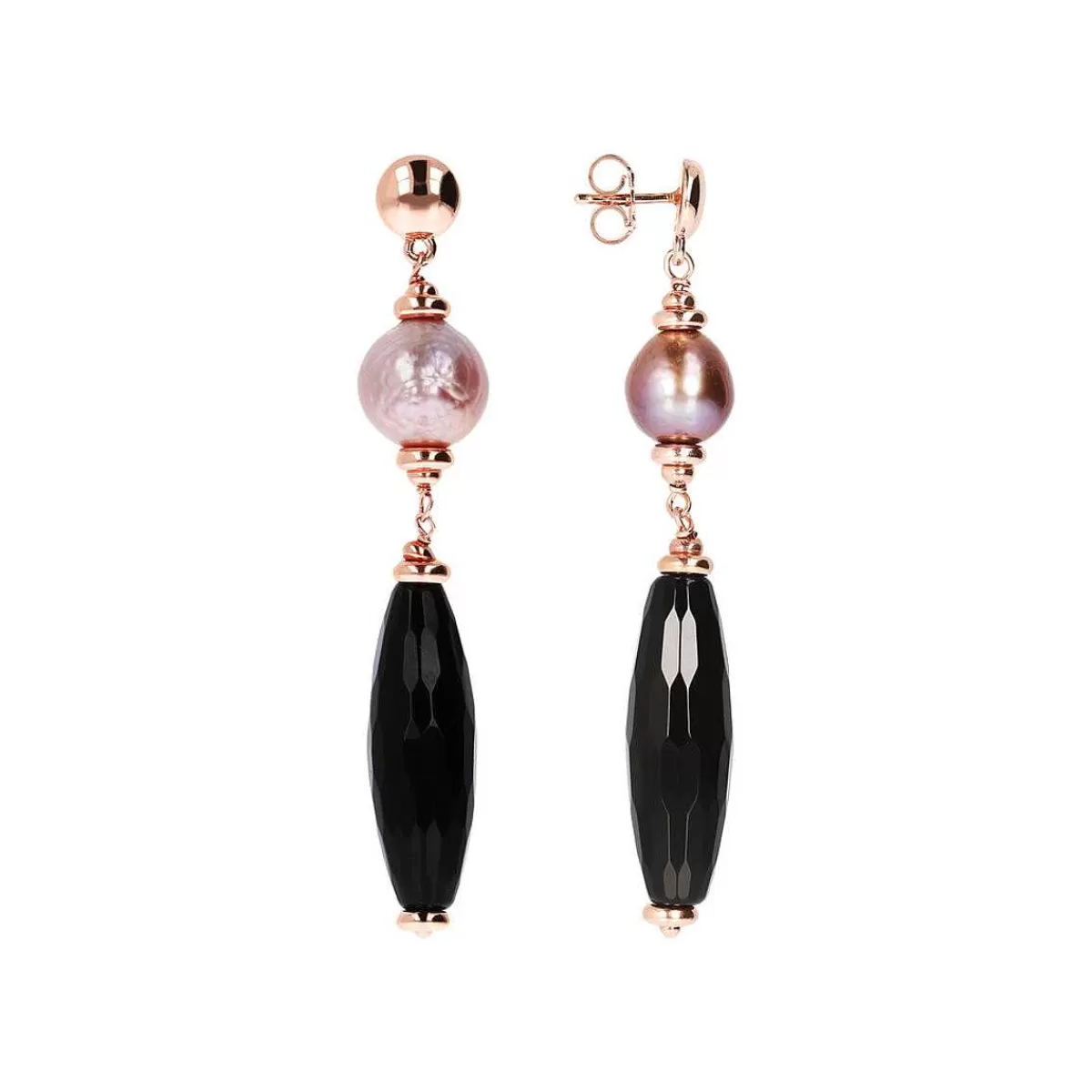 Store Orecchini Pendenti Con Onice Nero E Perla Ming Coltivata D'Acqua Dolce Rosa Orecchini